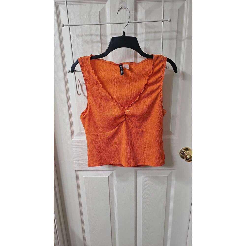 H&M Divided Orange Crinkled Textured V-Neck Tank Top with Bow Detail Size Large